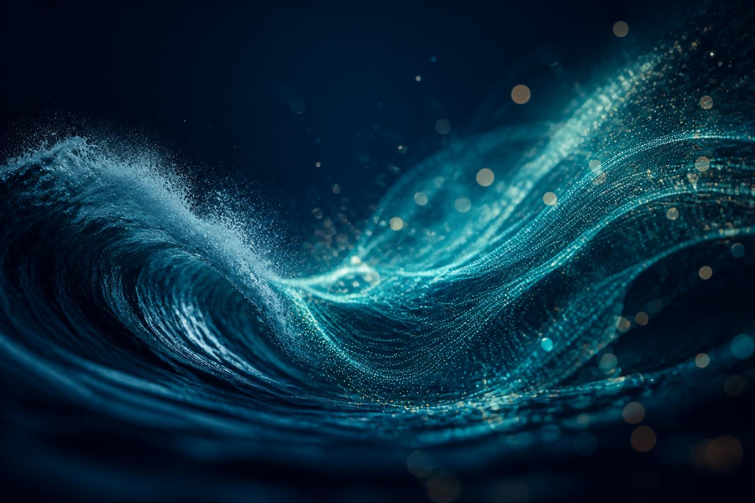 Abstract ocean waves dissolving into streams of light and data — the spirit of OKLTAI Magazine